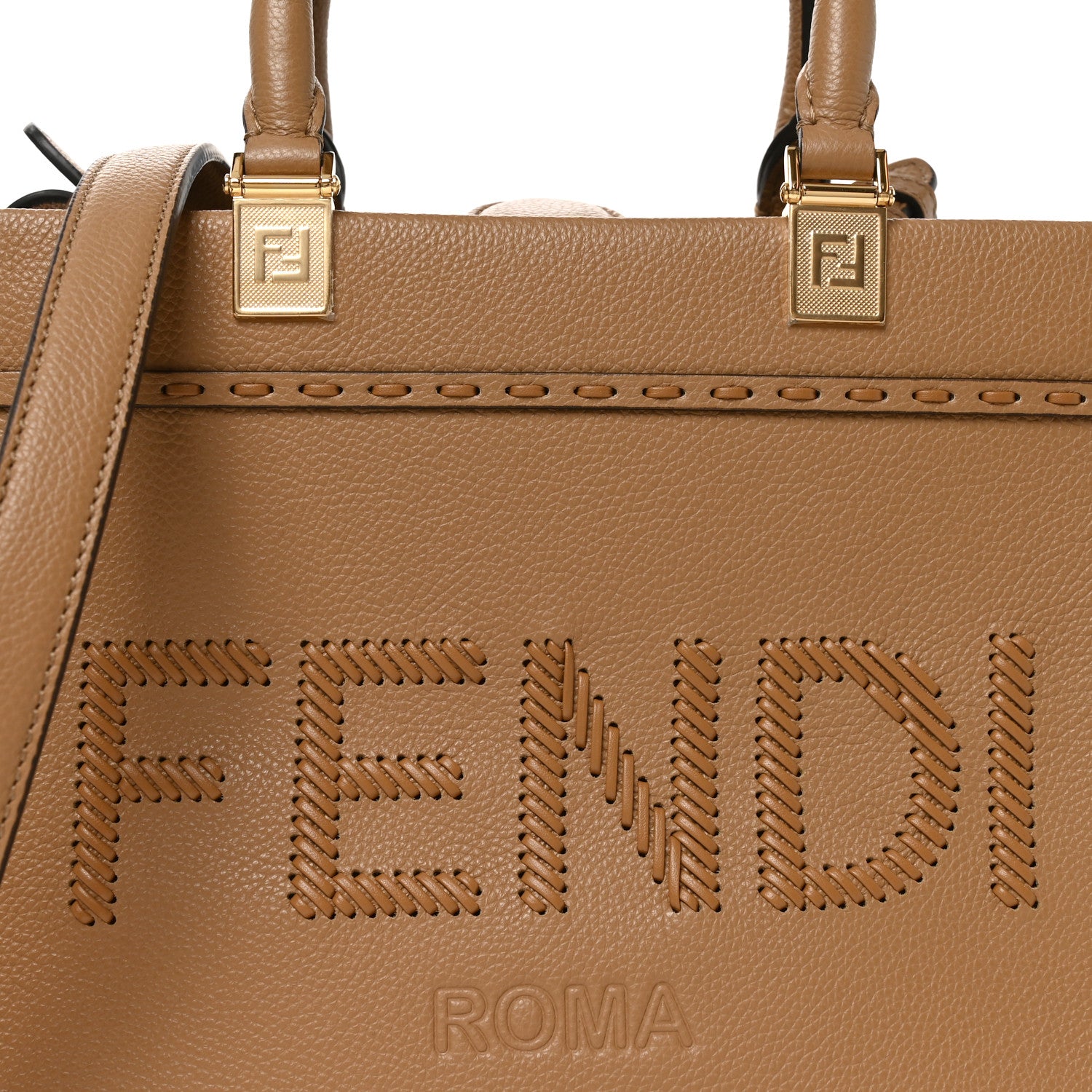 Fendi Vitello Santa Barbara Woven Logo Small Fendi Sunshine Shopper Tote Cappucino Cappucino 8 of 10