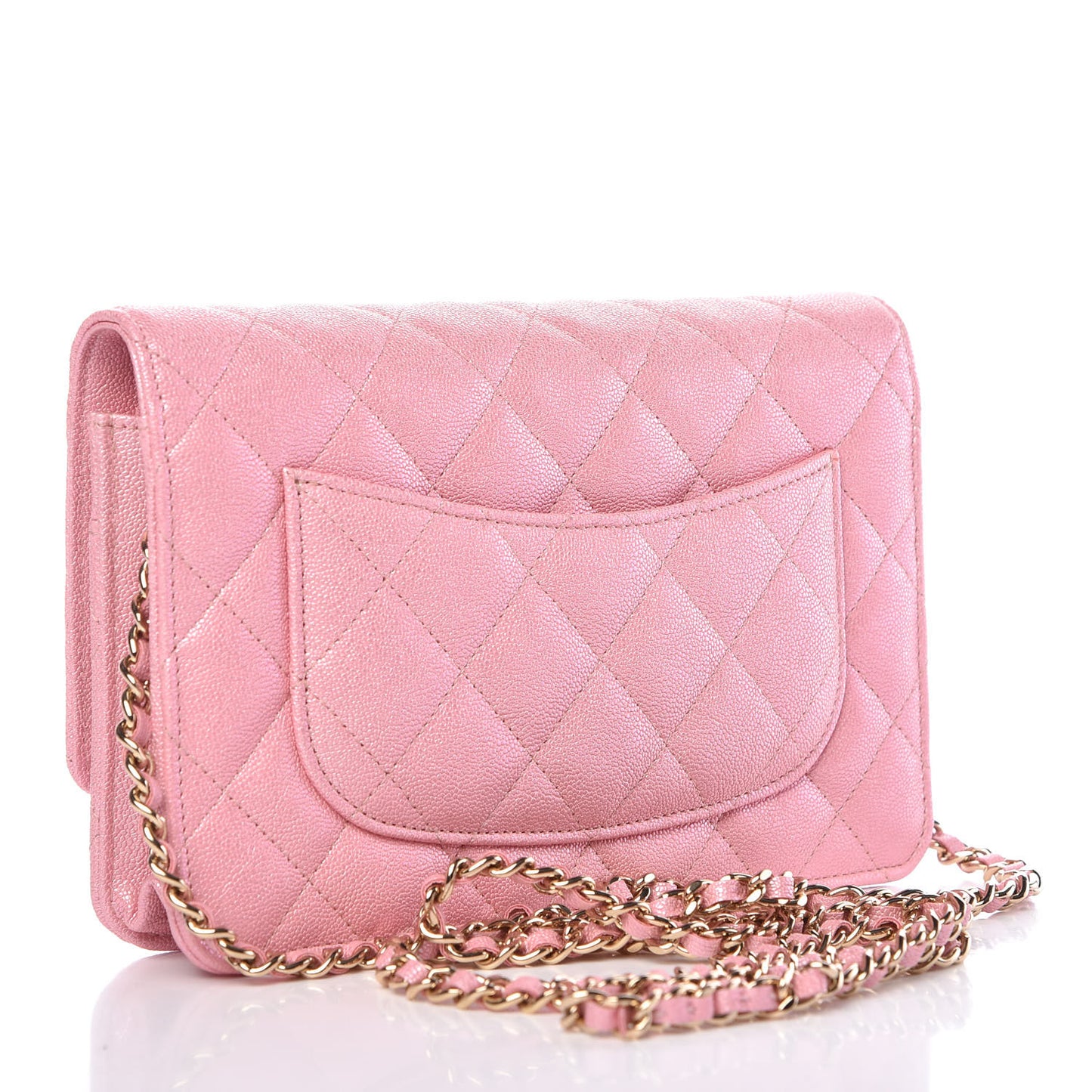 Iridescent Caviar Quilted Wallet on Chain WOC Rose Pink