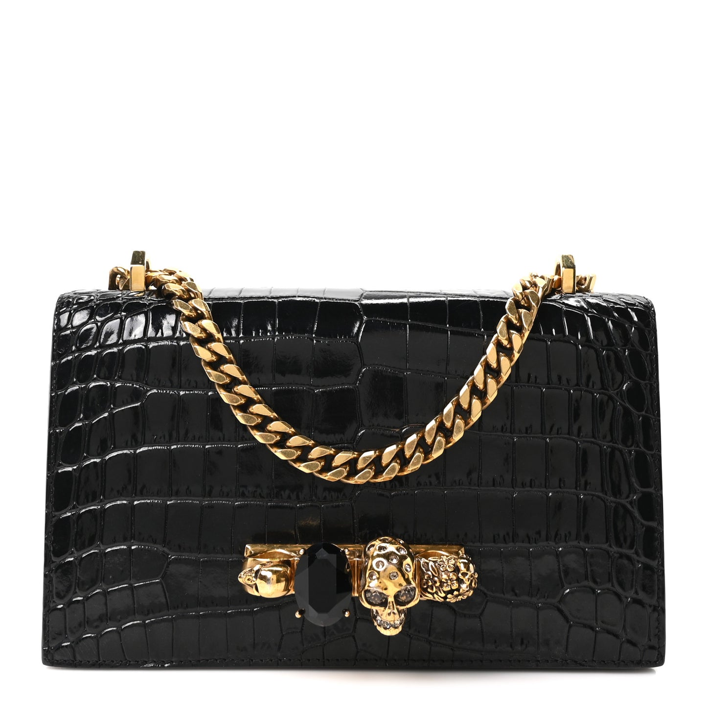 Crocodile Embossed Calfskin Knuckle Jeweled Crossbody Black