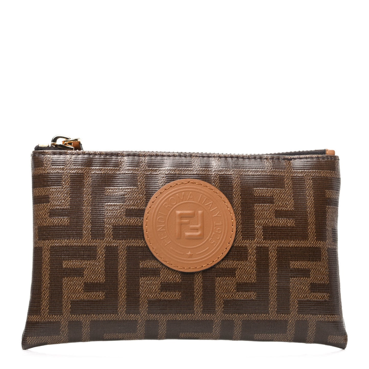 Glazed Fabric Vitello Century FF 1974 Stamp Patch XS FFreedom Flat Pouch Mogano Panna Caramello