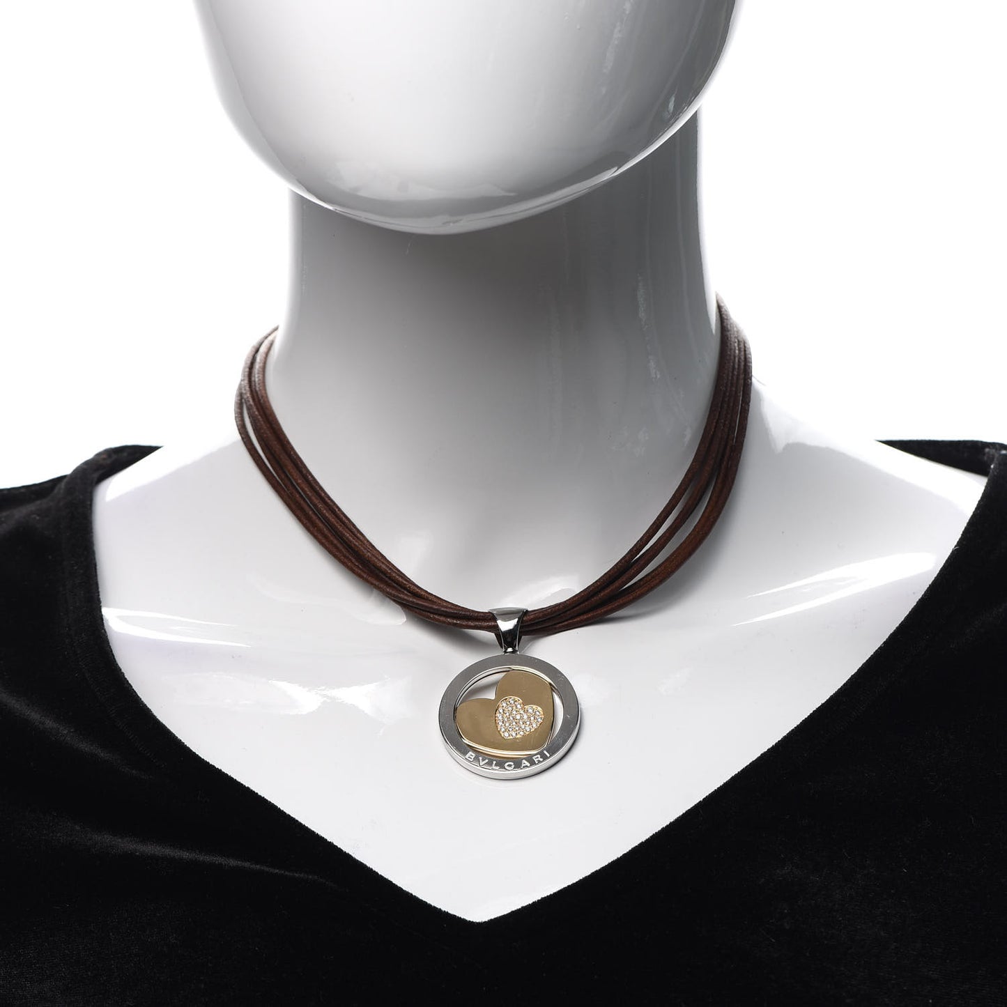 Stainless Steel 18K Yellow Gold Diamond Tondo Heart Pendant Necklace