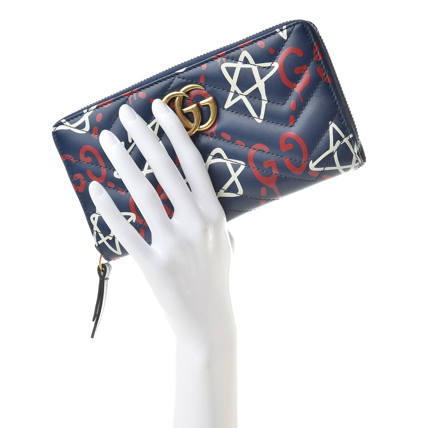 Calfskin Matelasse GucciGhost GG Marmont Zip Around Wallet Blue Agata Hibiscus Red