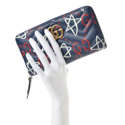 Gucci Calfskin Matelasse GucciGhost GG Marmont Zip Around Wallet Blue Agata Hibiscus Red 2 of 8