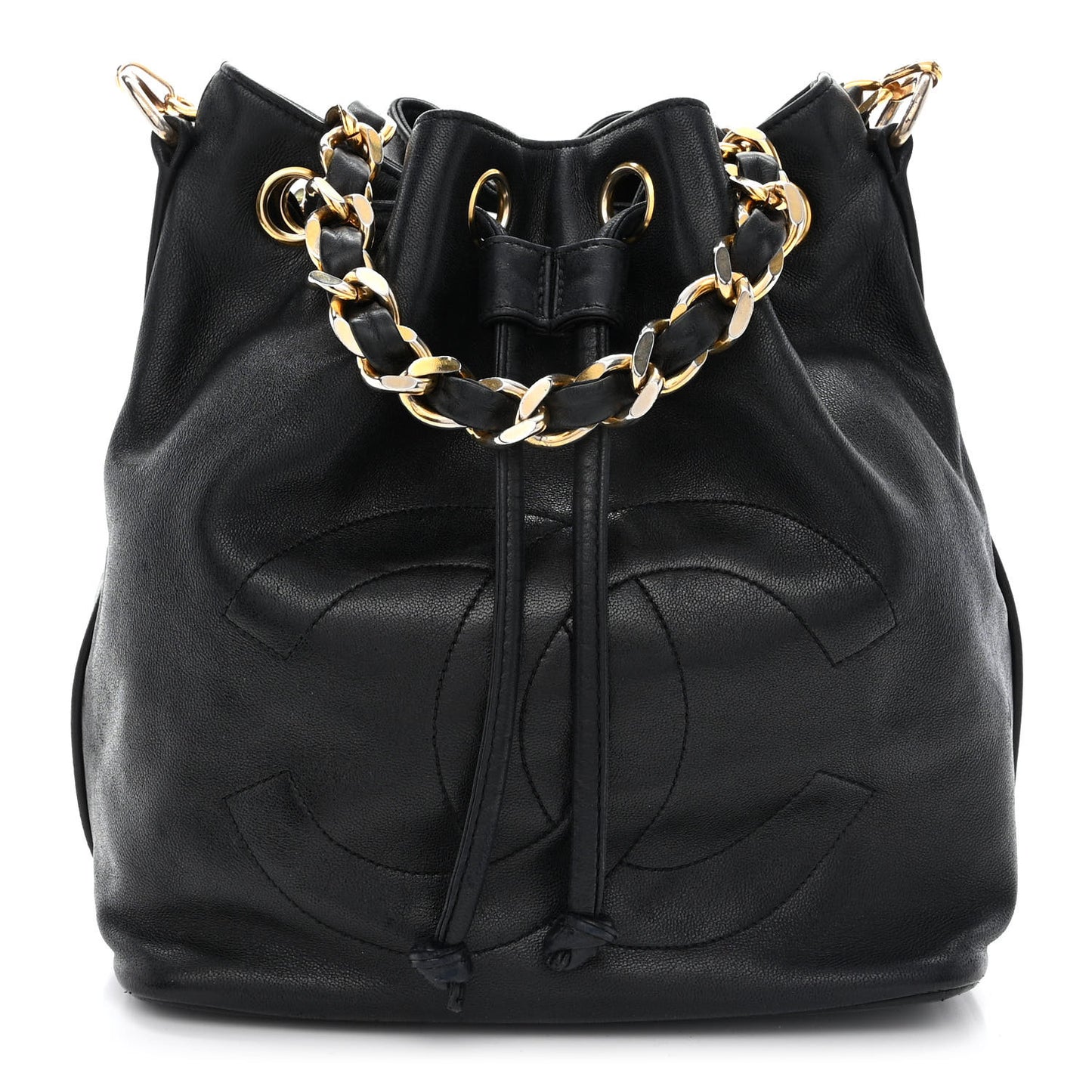 Lambskin CC Stitched Drawstring Bucket Bag Black