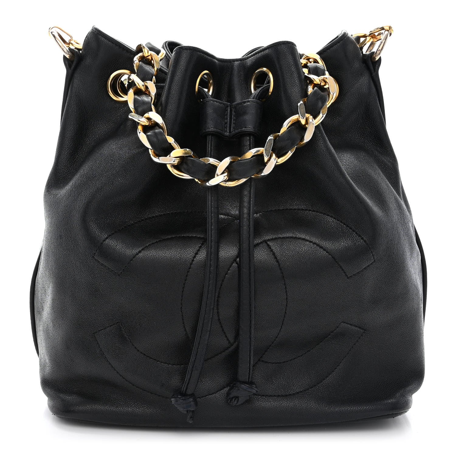 Chanel Lambskin CC Stitched Drawstring Bucket Bag Black 1 of 10