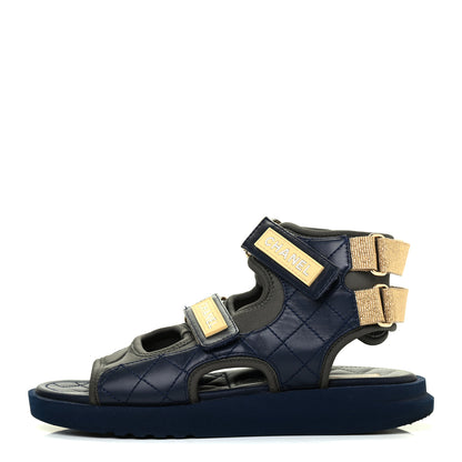 Chanel Goatskin Fabric Gladiator Sandals 36 Navy Blue Light Grey Yellow 1 of 11