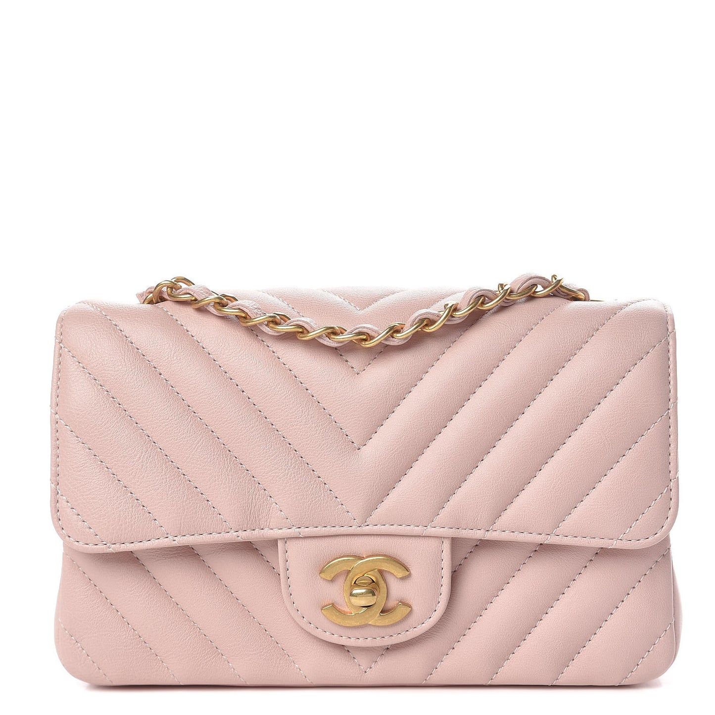 Calfskin Chevron Quilted Mini Rectangular Flap Light Pink