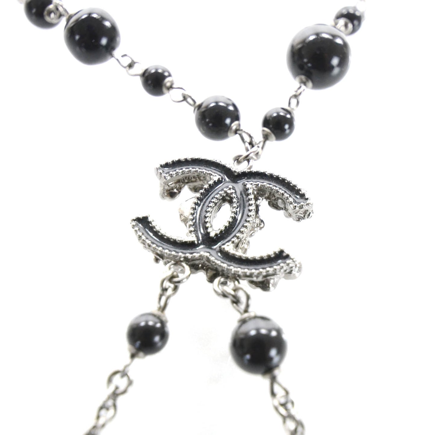 Beaded Camellia Crystal Pearl CC Necklace Black