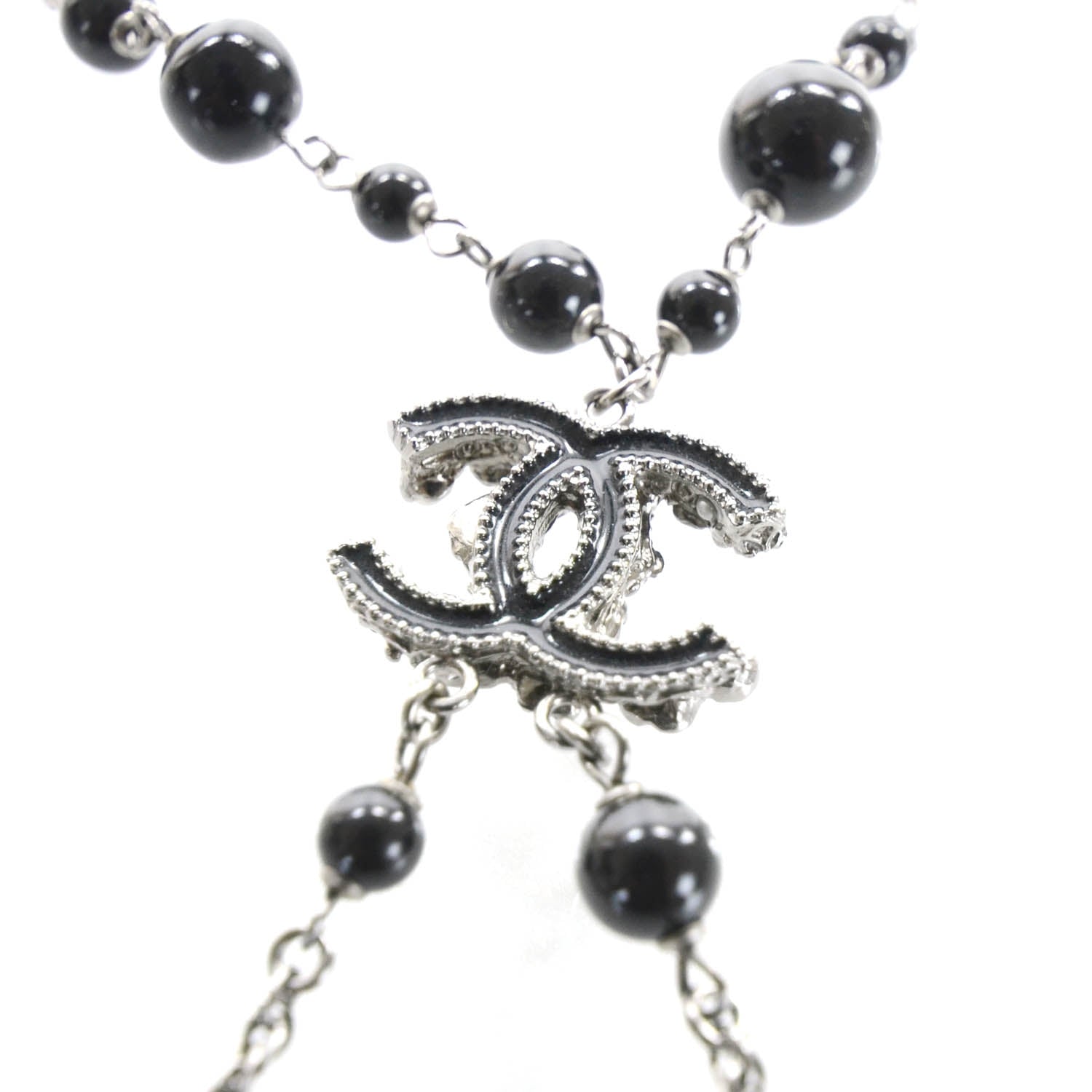 Chanel Beaded Camellia Crystal Pearl CC Necklace Black 3 of 6