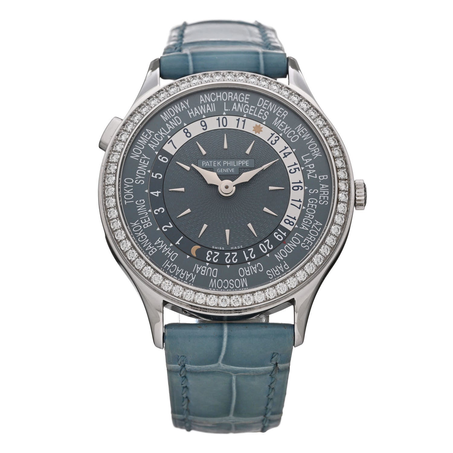 Patek Philippe 18K White Gold Alligator Diamond 36mm Complications World Time Automatic Watch Blue 7130G-016 1 of 5