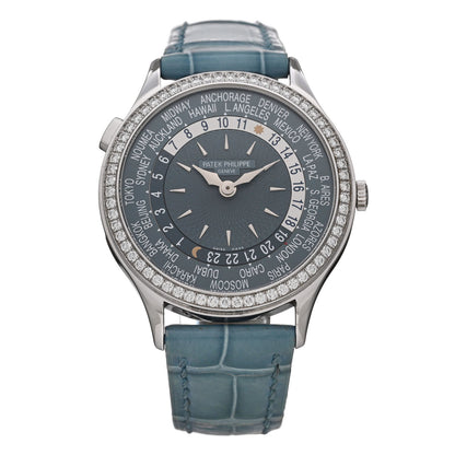 Patek Philippe 18K White Gold Alligator Diamond 36mm Complications World Time Automatic Watch Blue 7130G-016 1 of 5