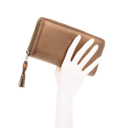 Gucci Metallic Calfskin Bamboo Tassel Zip Around Wallet Bronze 2 of 7
