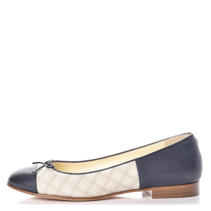 Chanel Toile Oily Calfskin CC Cap Toe Ballerina Flats 38 Light Beige Navy 1 of 9