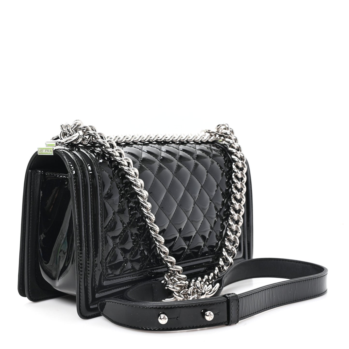 Patent Calfskin Quilted Medium Plexiglass Boy Flap Black