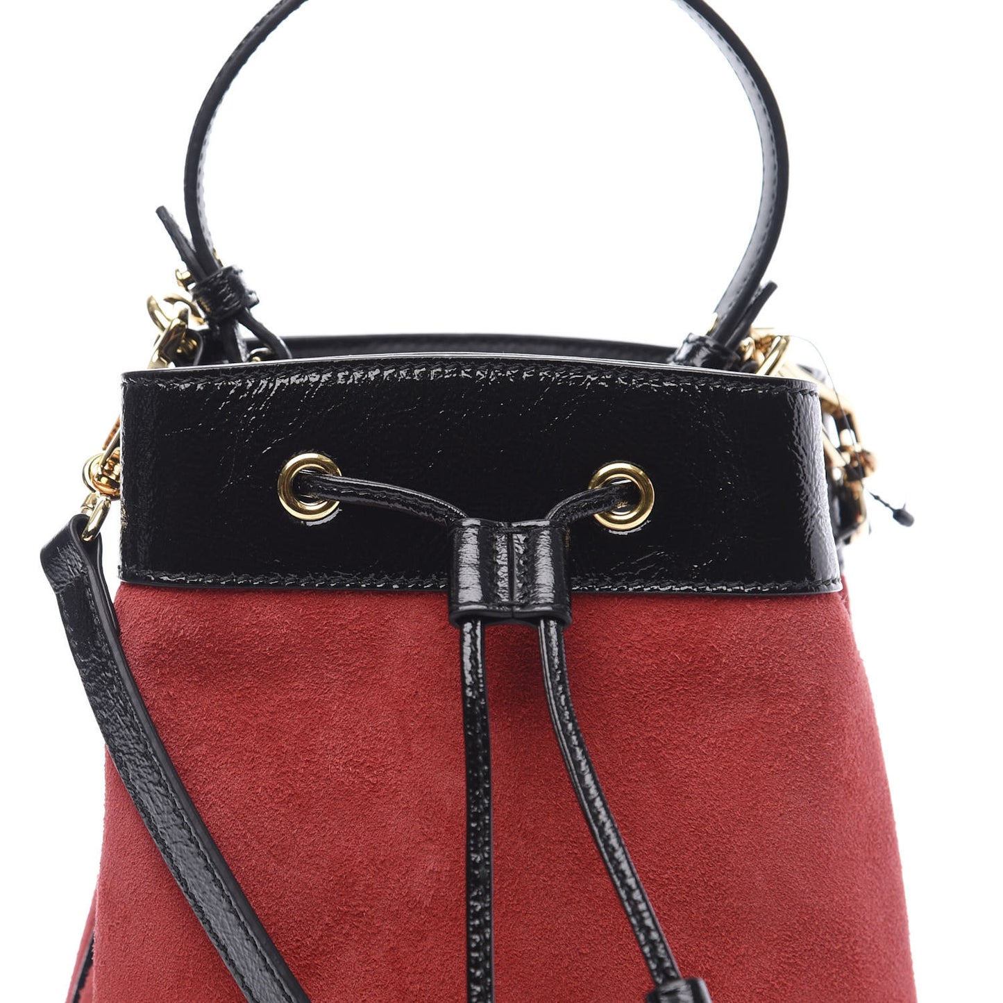 Suede Patent Web Small Ophidia Bucket Bag Hibiscus Red Black