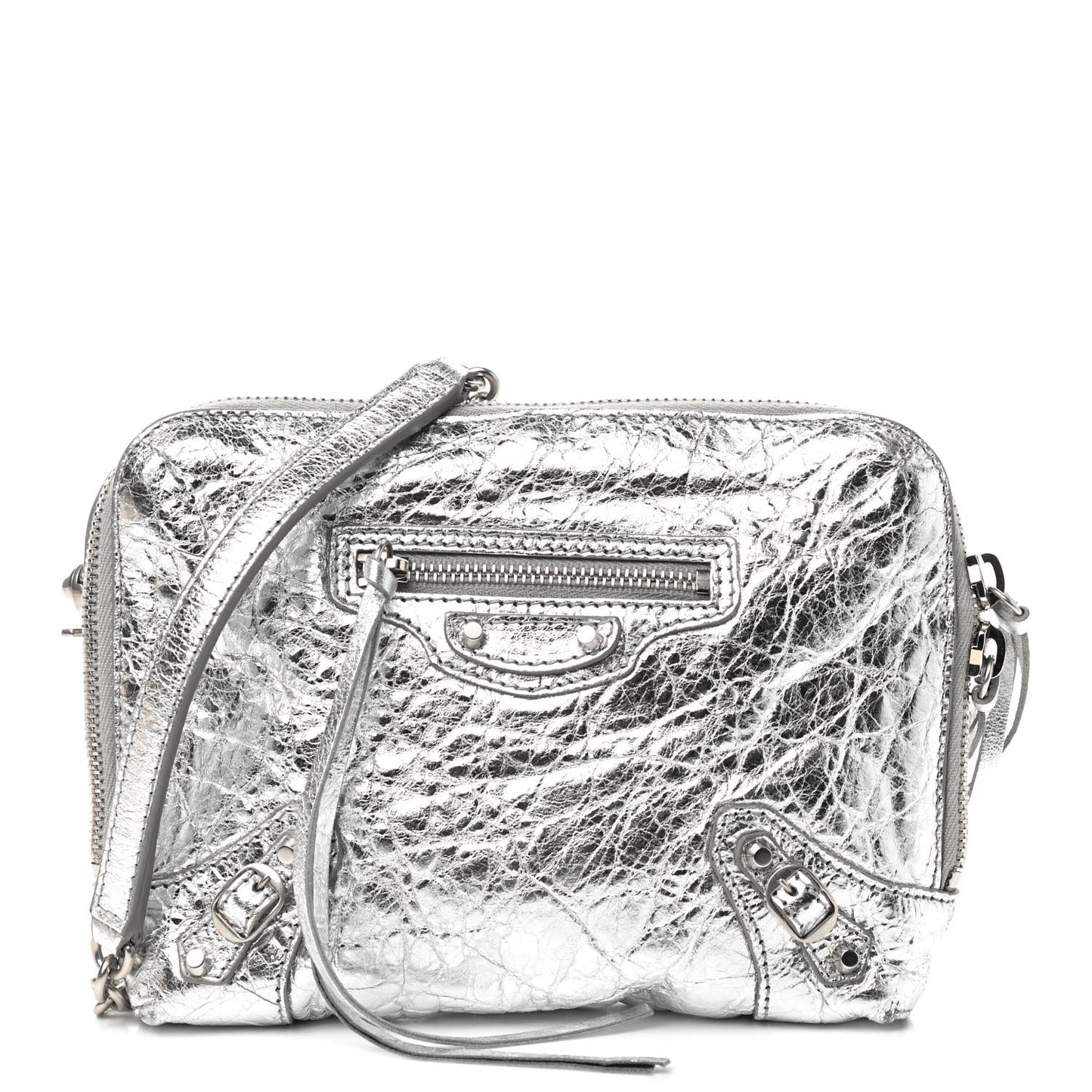 Metallic Calfskin Classic Silver Hardware Pouch With A Chain Crossbody Silver