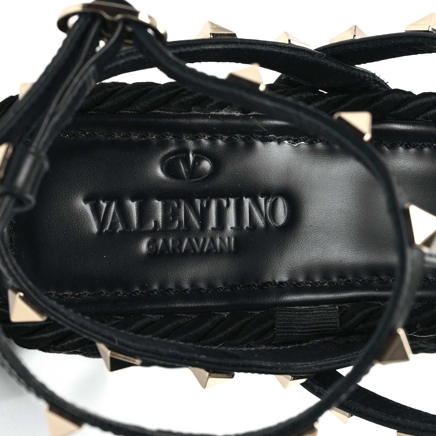 Calfskin Rockstud Ankle Strap Torchon Espadrille Caged 25/95mm Wedge Sandals 40 Black