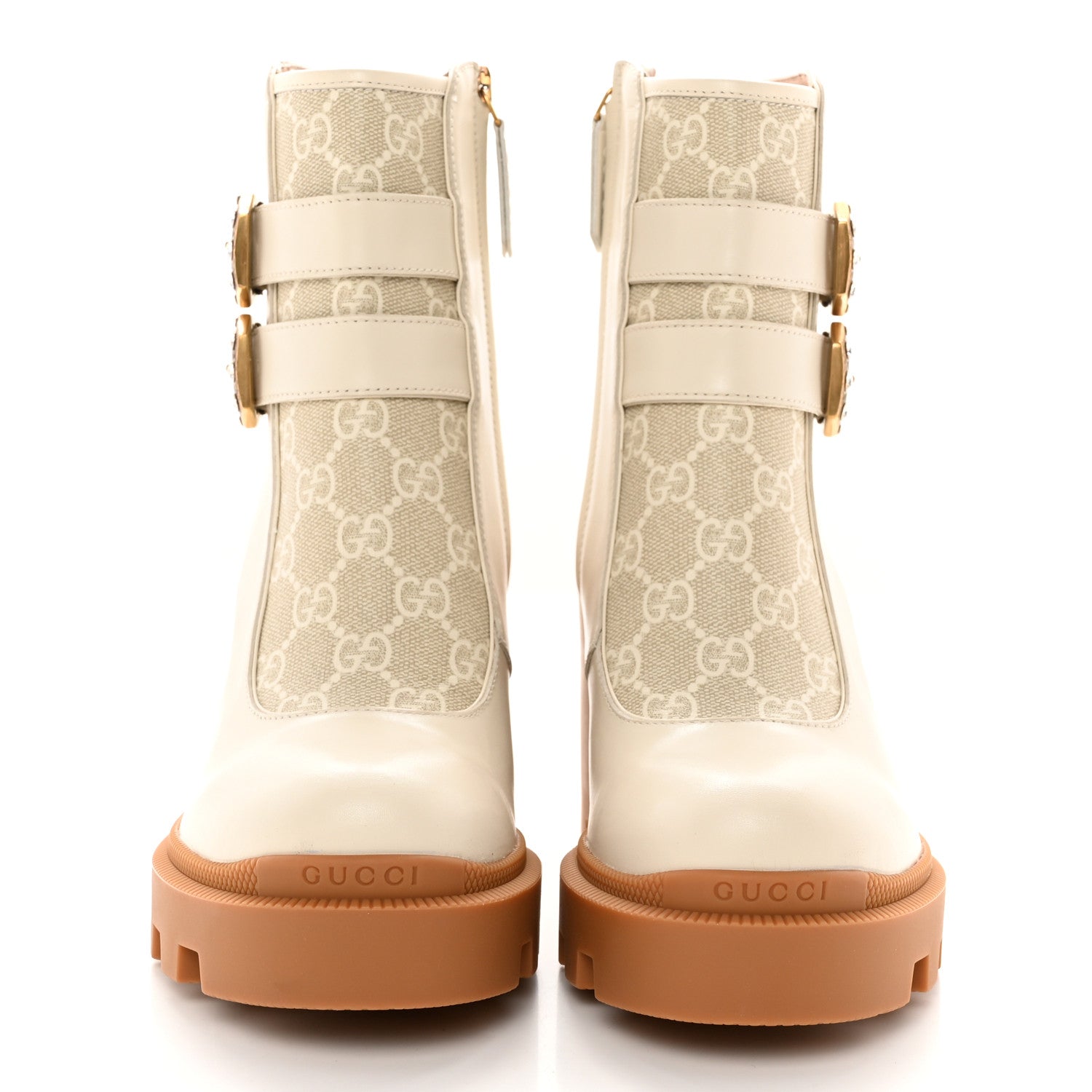 Gucci Kensington Calfskin Nappa GG Supreme Monogram Womens Double Buckle Ankle Boots 36.5 Mystic White Beige 2 of 16