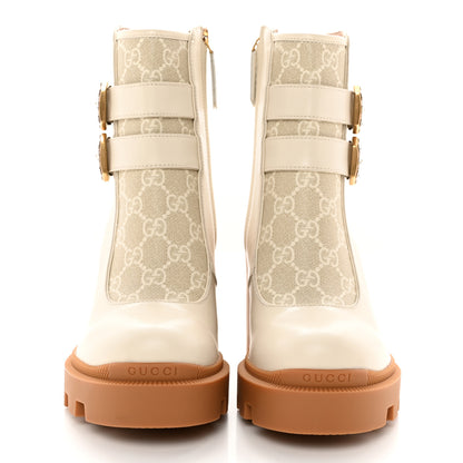 Gucci Kensington Calfskin Nappa GG Supreme Monogram Womens Double Buckle Ankle Boots 36.5 Mystic White Beige 2 of 16