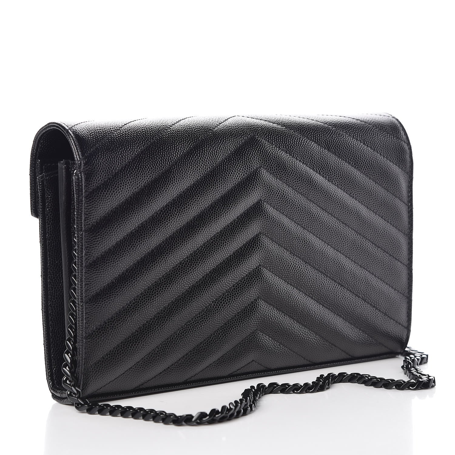 Saint Laurent Grain De Poudre Matelasse Chevron Monogram Chain Wallet Black 3 of 7