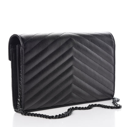 Saint Laurent Grain De Poudre Matelasse Chevron Monogram Chain Wallet Black 3 of 7
