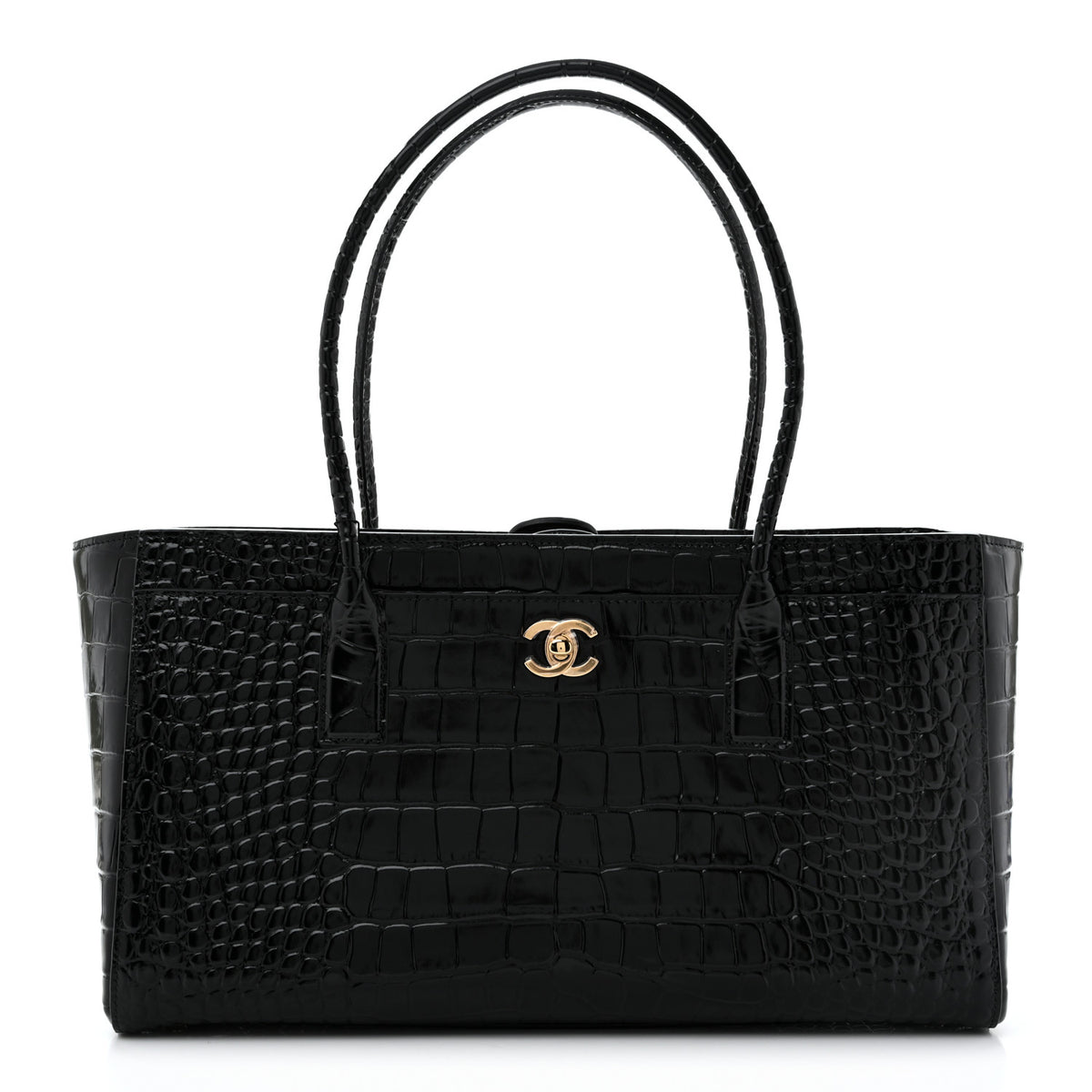 Calfskin Crocodile Embossed Archetype Small Shopping Tote Black