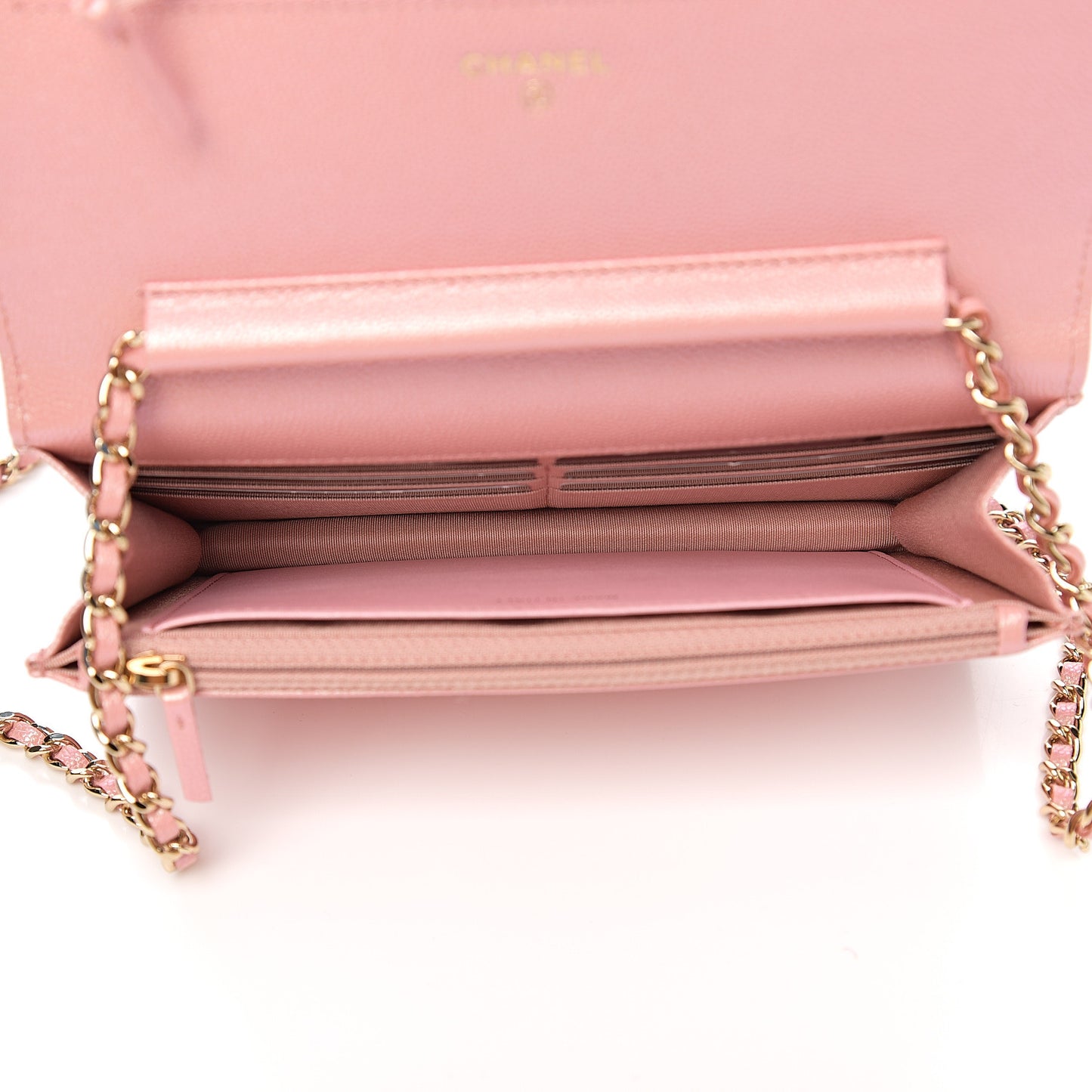 Iridescent Caviar Quilted Wallet on Chain WOC Pink