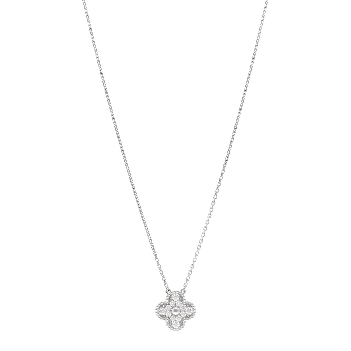 18K White Gold Diamond Vintage Alhambra Pendant Necklace