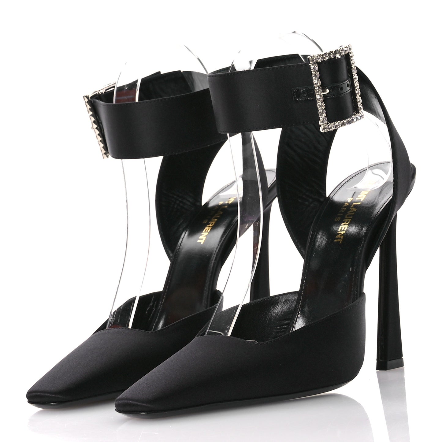 Crepe Satin Crystal Buckle Claude 110 Slingback Pumps 38.5 Black