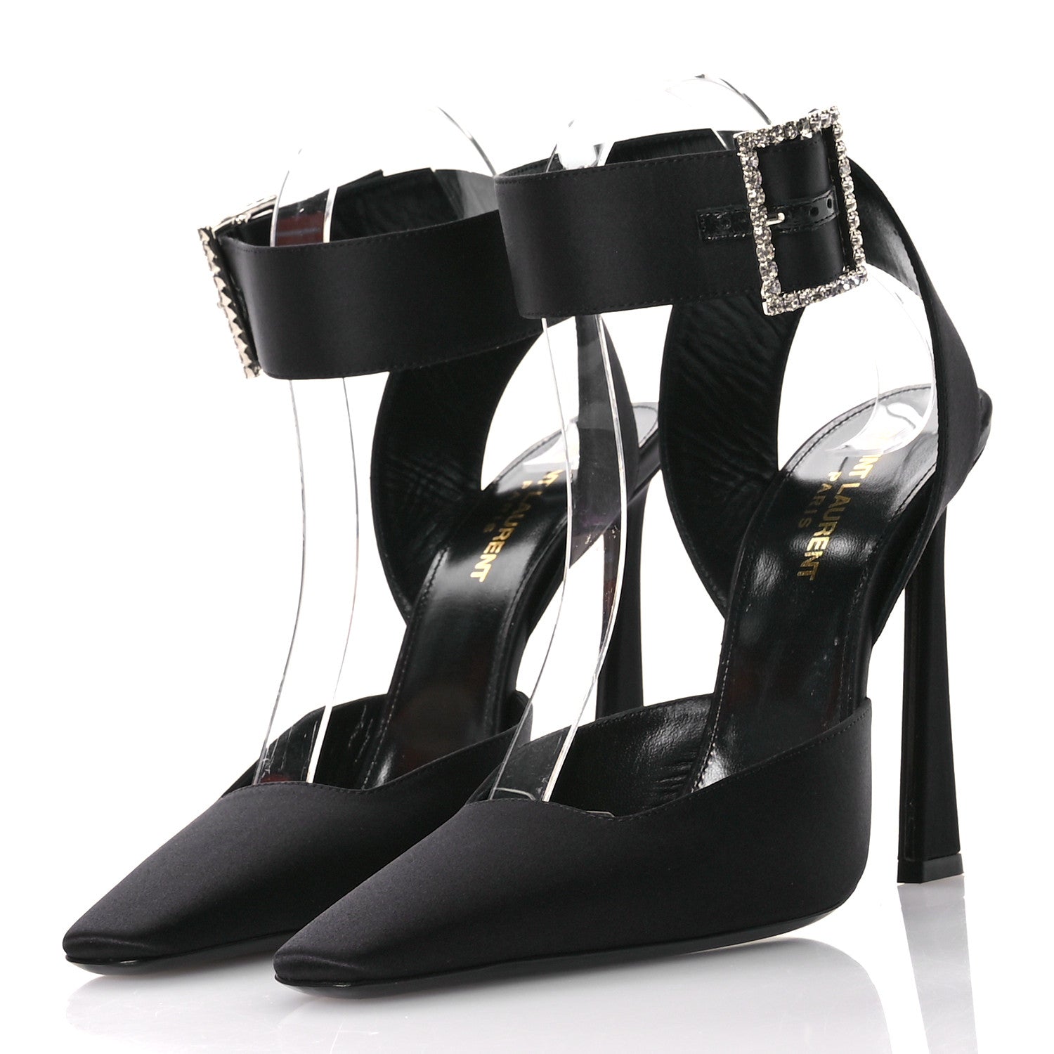 Saint Laurent Crepe Satin Crystal Buckle Claude 110 Slingback Pumps 38.5 Black 4 of 10