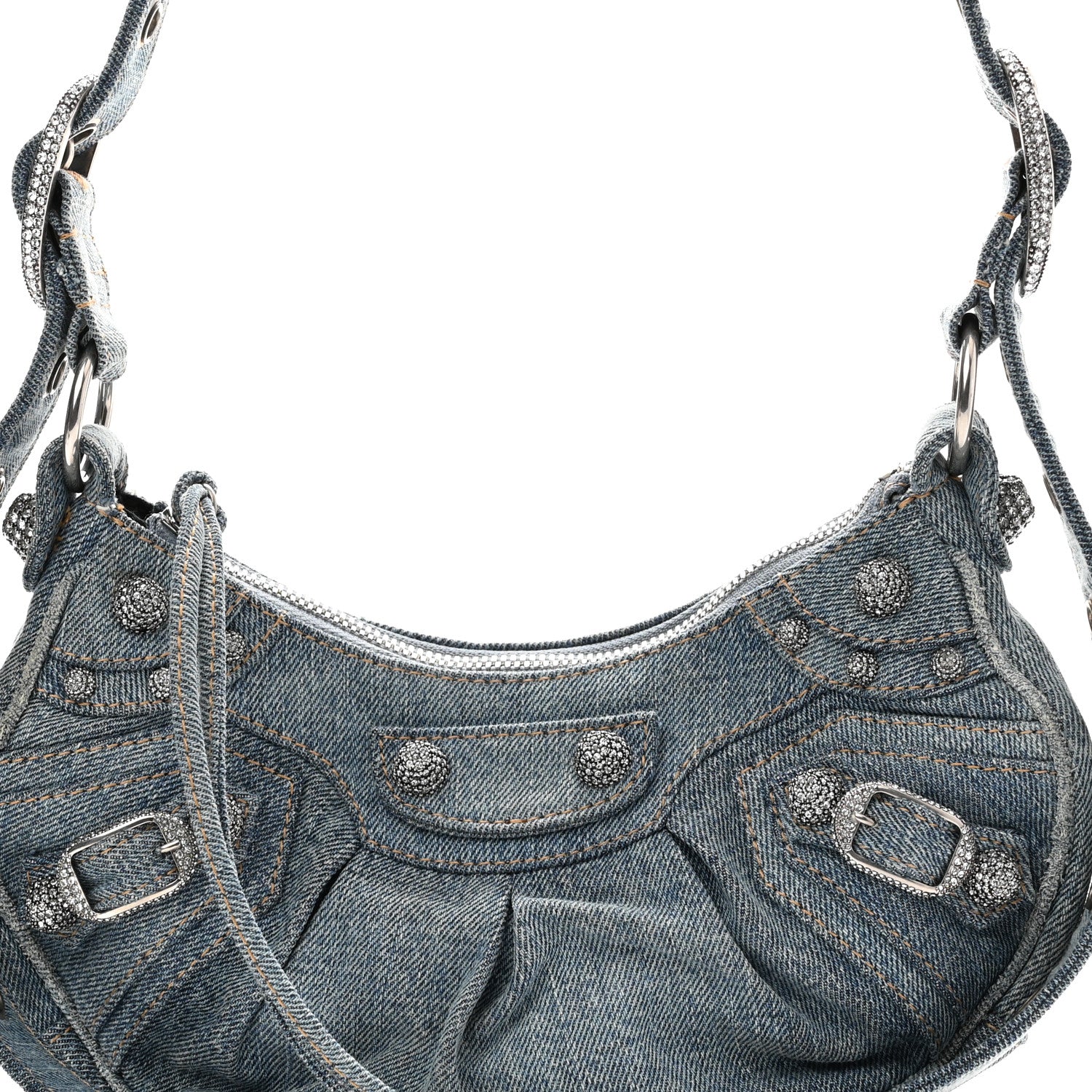 Balenciaga Washed Frayed Denim Crystal Le Cagole Shoulder Bag XS