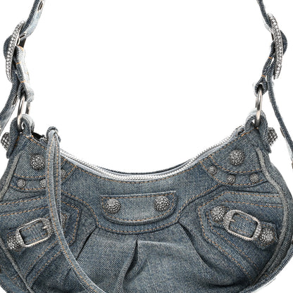 Balenciaga Washed Frayed Denim Crystal Le Cagole Shoulder Bag XS Blue 9 of 11