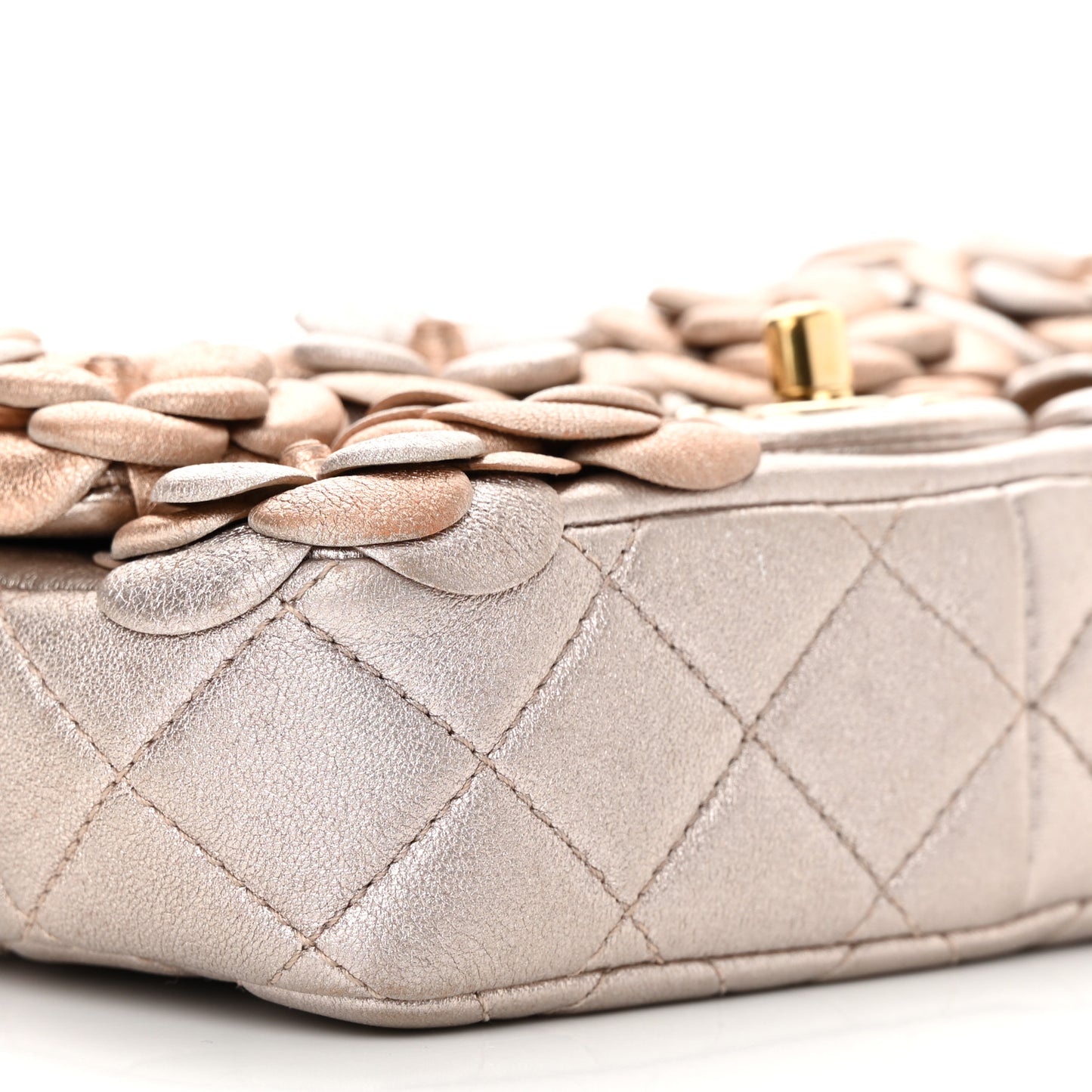 Metallic Lambskin Quilted Mini Camellia Flap Silver Gold