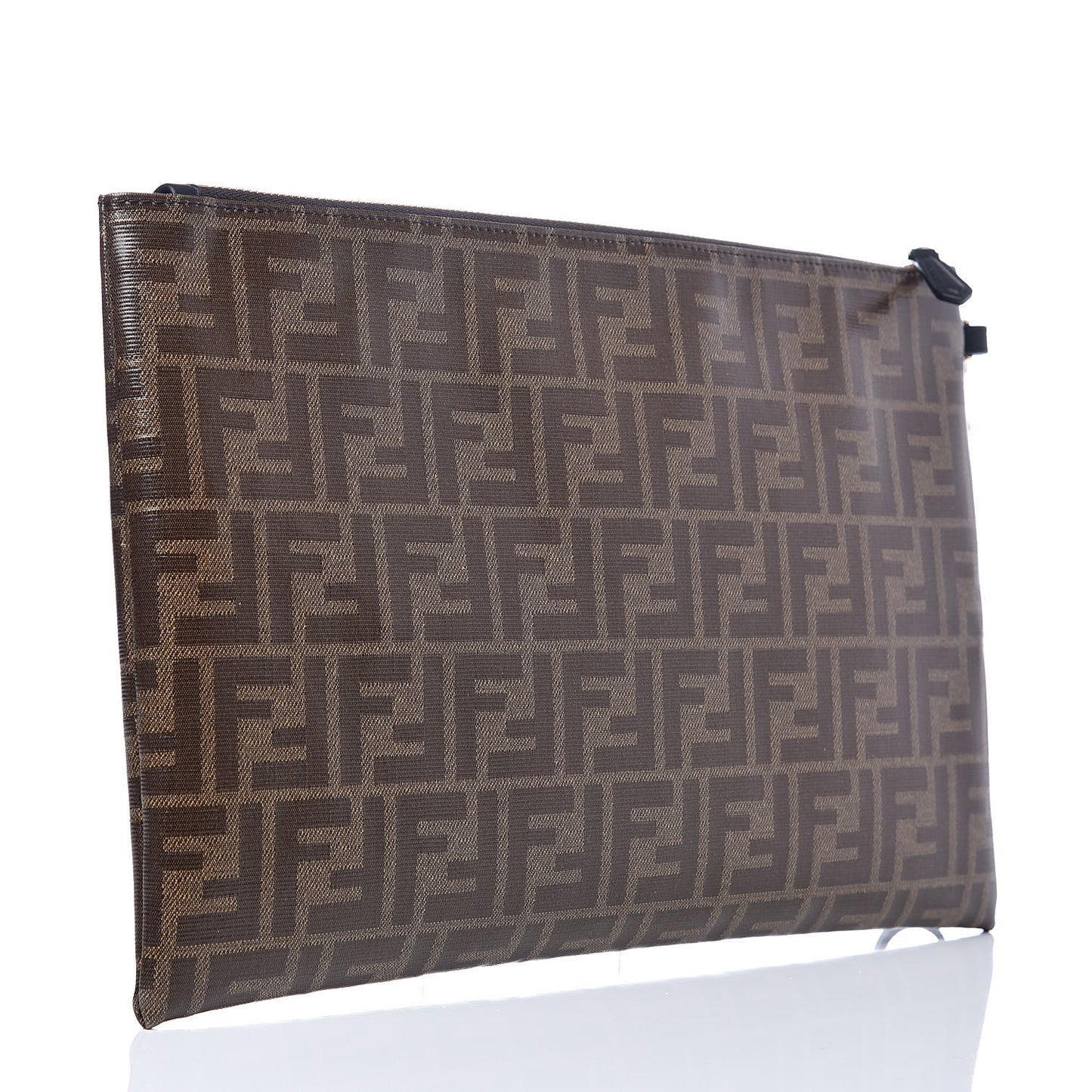 Glazed Fabric Vitello Century FF 1974 Stamp Patch Large Flat Pouch Mogano Panna Black