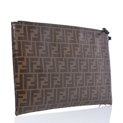 Fendi Glazed Fabric Vitello Century FF 1974 Stamp Patch Large Flat Pouch Mogano Panna Black 3 of 7