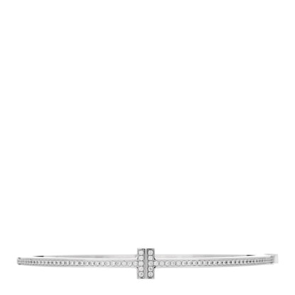 Tiffany 18K White Gold Diamond T Hinged Wire Bangle Bracelet 1 of 4