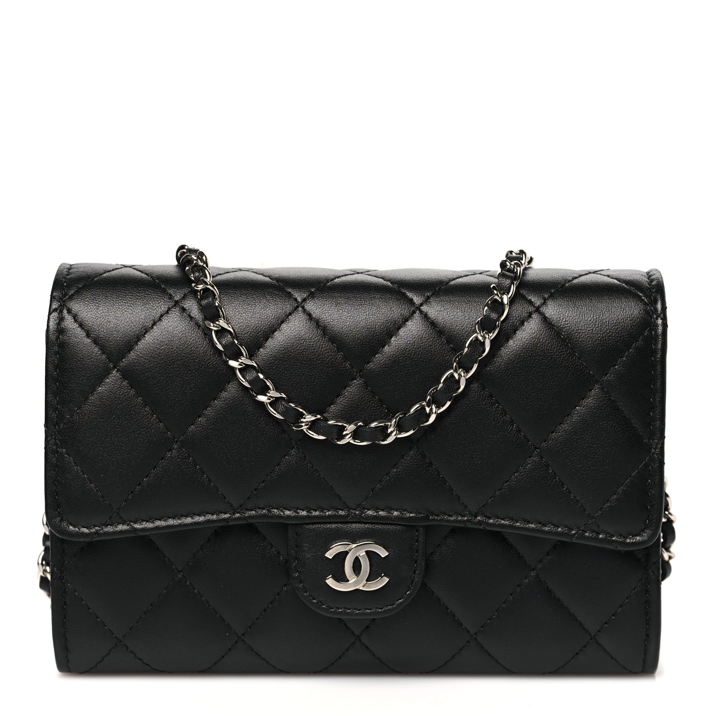 Lambskin Quilted Mini French Wallet On Chain WOC Black