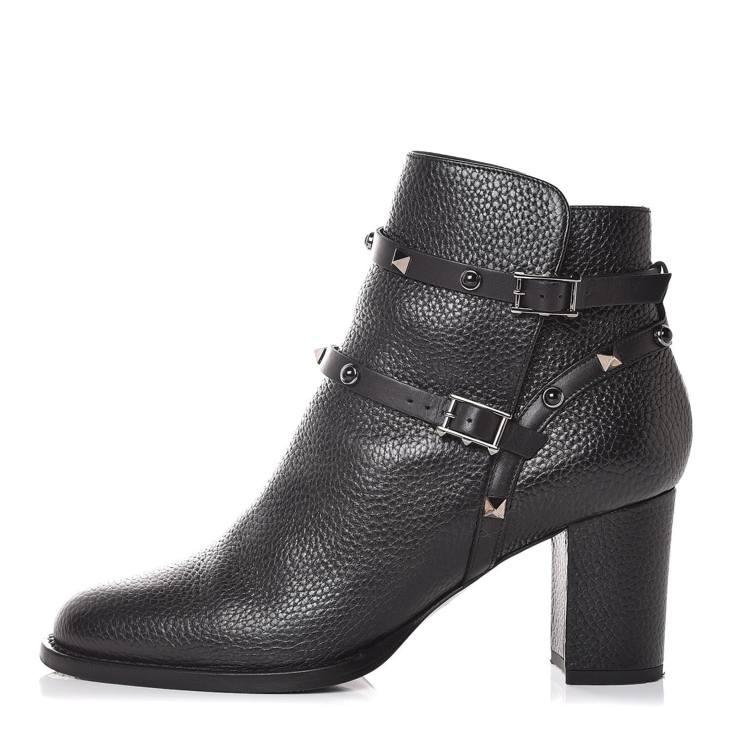 Pebbled Calfskin Onyx Rockstud Rolling Double Buckle 70mm Block Heel Ankle Boots 39 Black