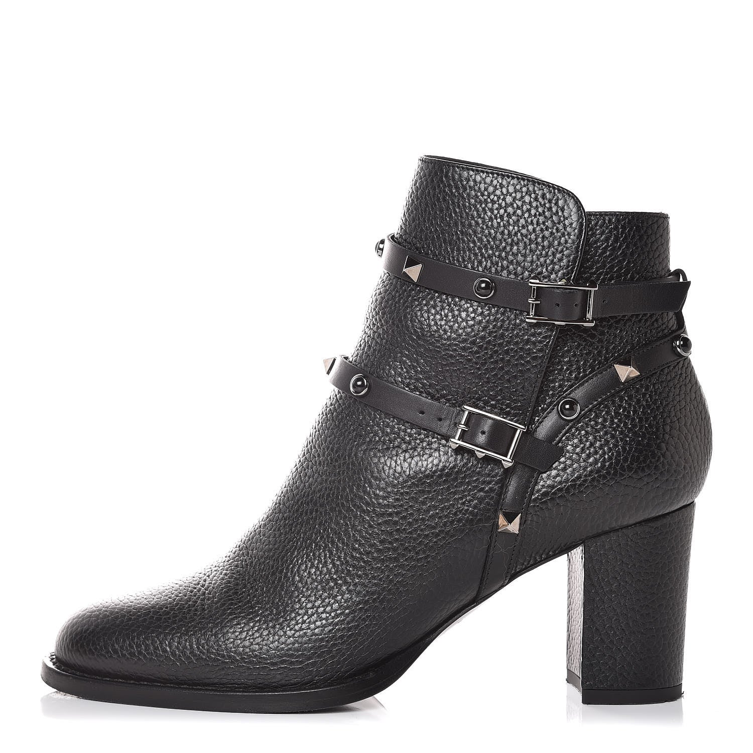Valentino Garavani Pebbled Calfskin Onyx Rockstud Rolling Double Buckle 70mm Block Heel Ankle Boots 39 Black 1 of 9