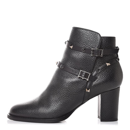 Valentino Garavani Pebbled Calfskin Onyx Rockstud Rolling Double Buckle 70mm Block Heel Ankle Boots 39 Black 1 of 9