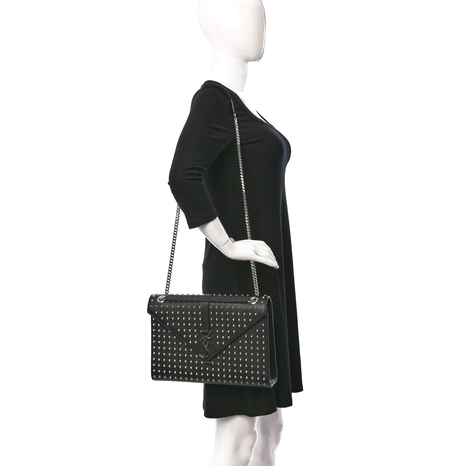 Saint Laurent Grain de Poudre Matelasse Studded Large Monogram Satchel Black 2 of 14