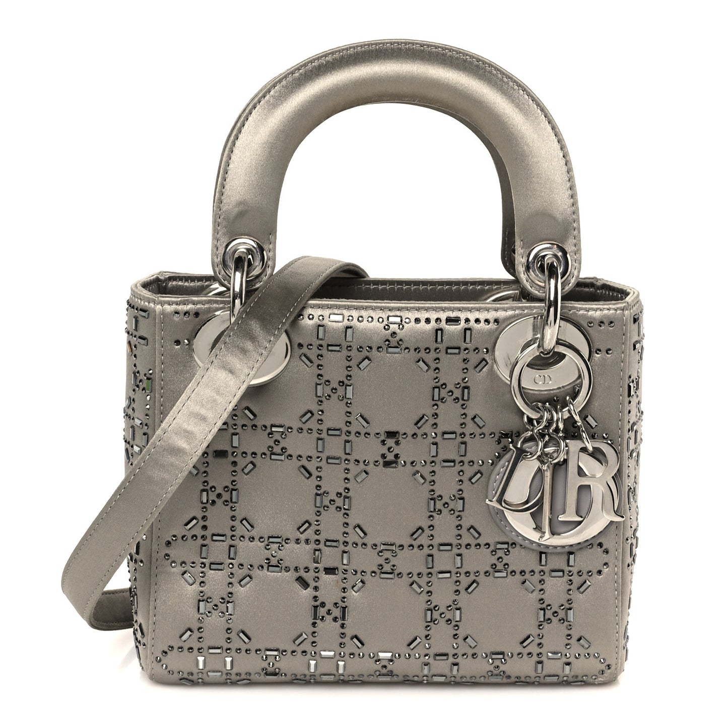 Satin Crystal Cannage Mini Lady Dior Gray