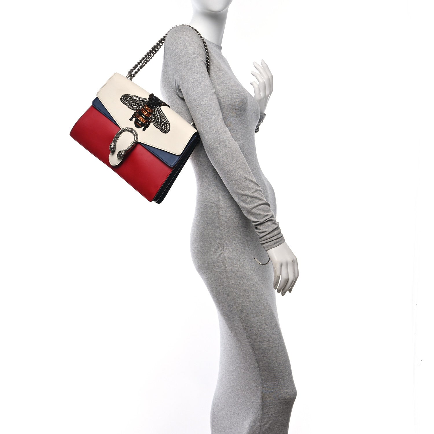Gucci Calfskin Bee Embroidered Medium Dionysus Shoulder Bag White Blue Hibiscus Red 2 of 11