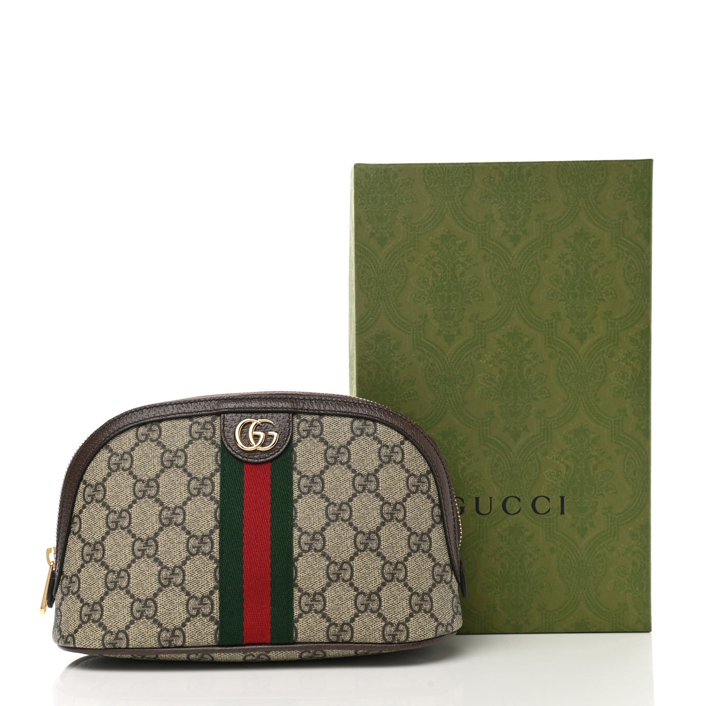 GG Supreme Monogram Textured Calfskin Web Large Ophidia Cosmetic Case Beige Ebony New Acero