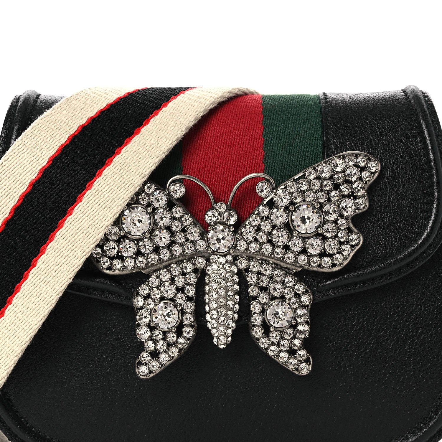 Gucci Calfskin Web Crystal Butterfly Stripe Small Totem Shoulder Bag Black 8 of 14