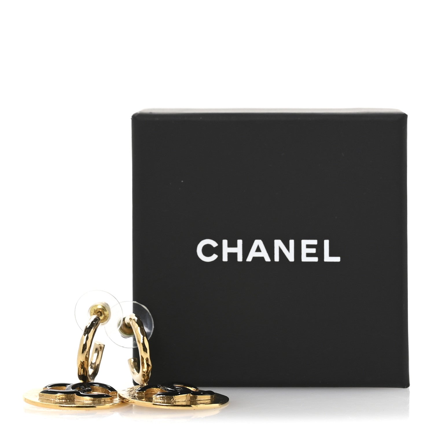 Chanel Enamel CC Disc Drop Hoop Earrings Gold Black 5 of 5