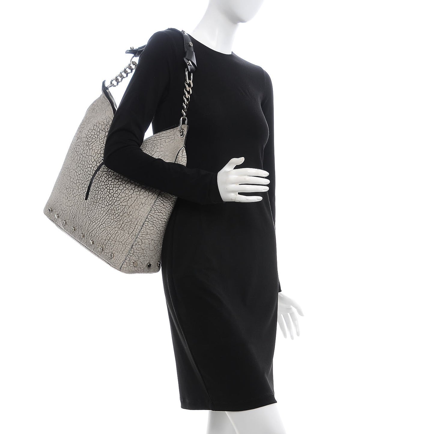 Washed Grainy Lambskin Studded Raven Hobo White Black