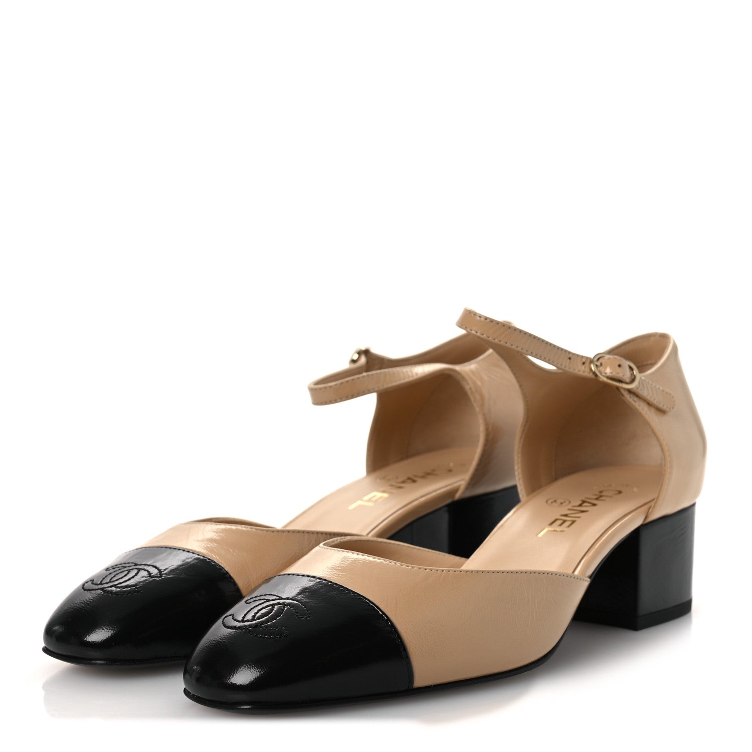 Chanel Shiny Lambskin CC Cap Toe Mary Janes Pumps 39.5 Beige Black 4 of 11