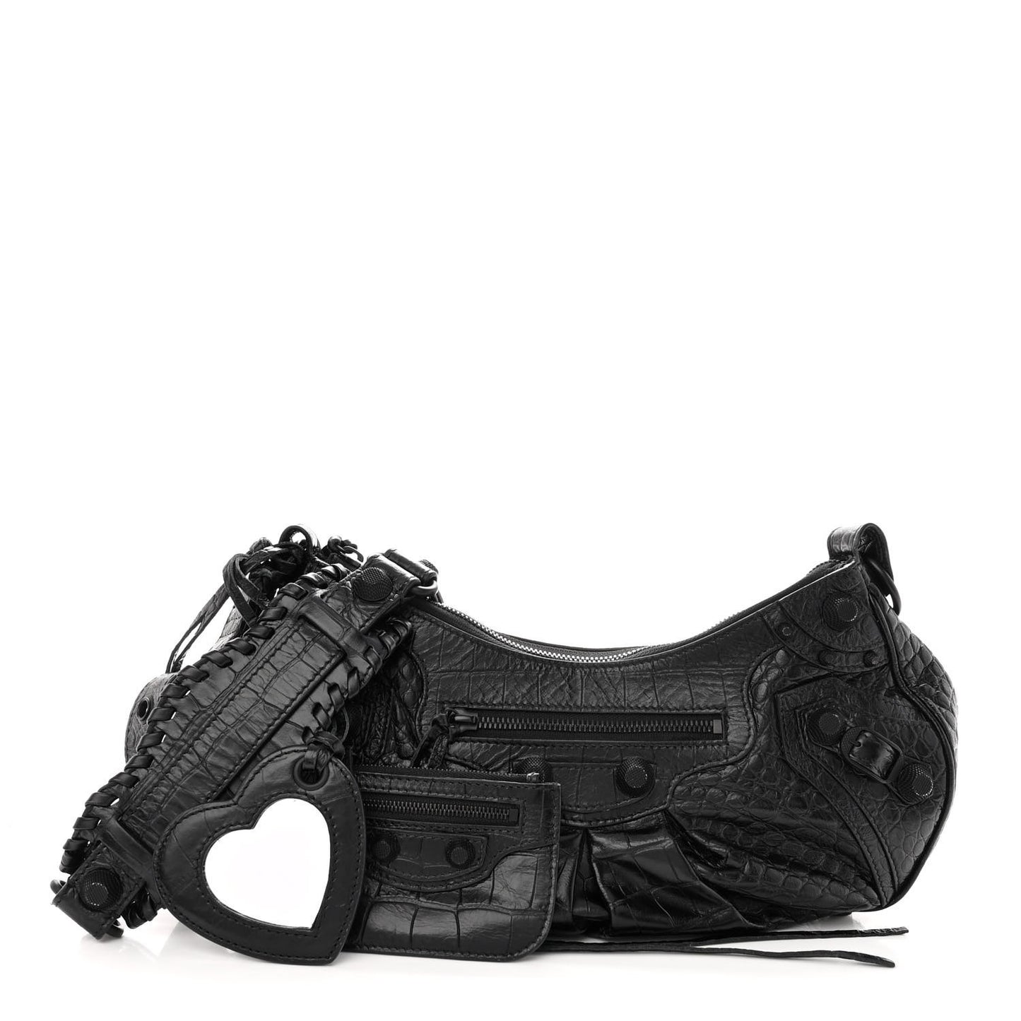 Extra Supple Calfskin Crocodile Embossed Monochrome Small Le Cagole Shoulder Bag Black