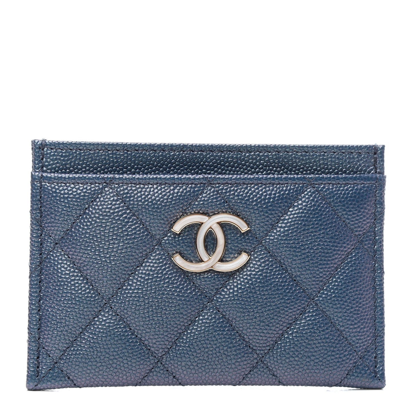 Iridescent Caviar Quilted Card Holder Dark Blue